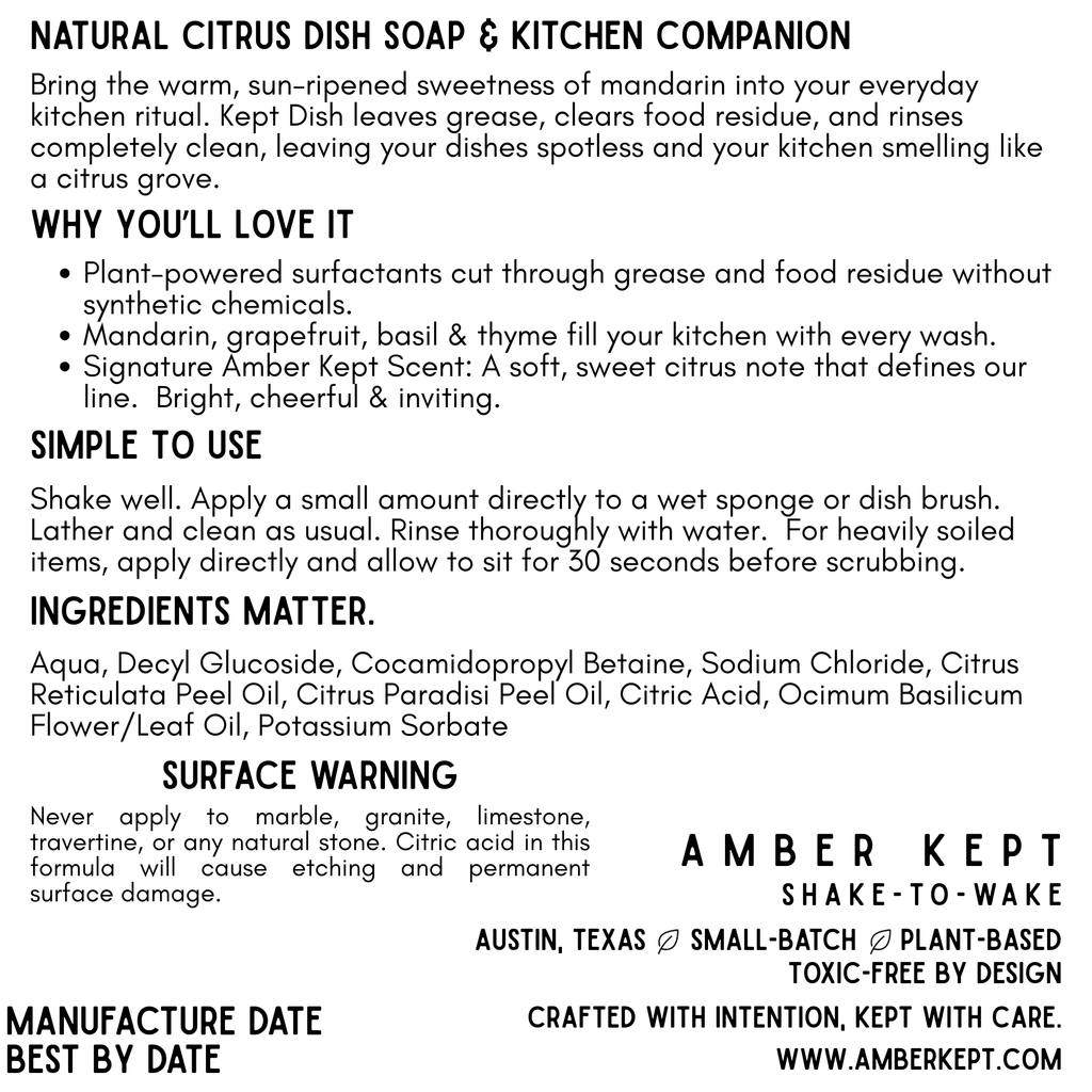 Amber Kept Dish Plant-Based Dish Soap – Vegan & Cruelty-Free, 16 oz | Mandarin, Grapefruit & Basil