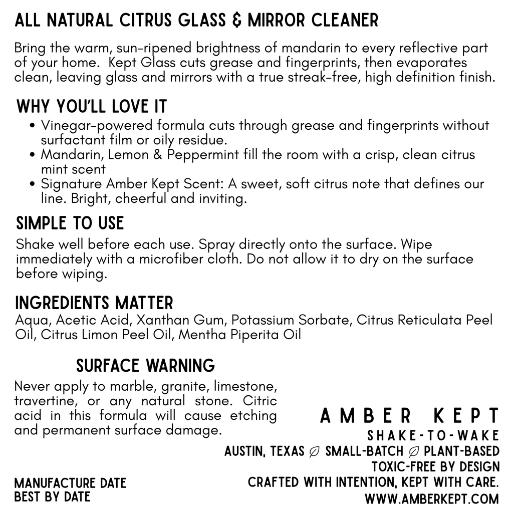 Amber Kept Glass Cleaner Spray – Ammonia-Free, Streak-Free, 16 oz | Lemon, Mandarin & Peppermint