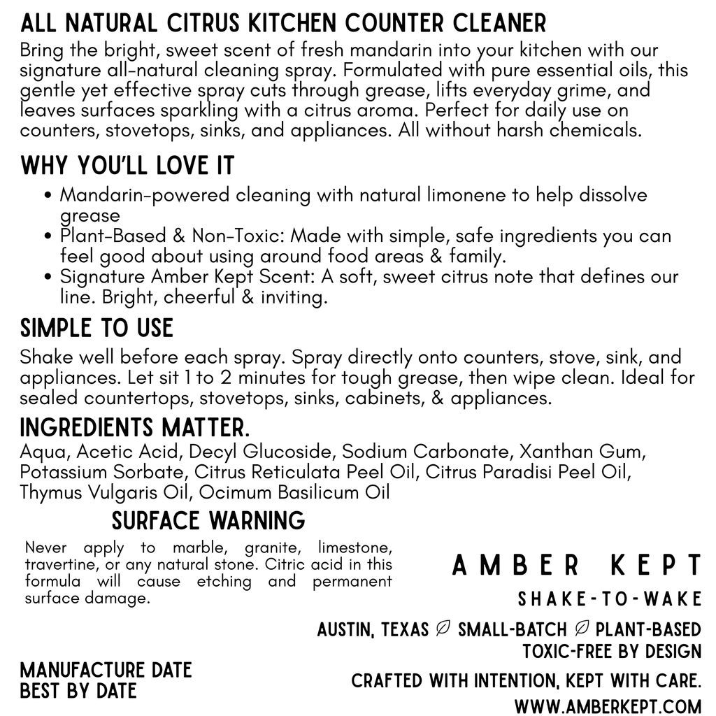 Amber Kept Kitchen Plant-Based Multi-Surface Cleaner Spray – 16 oz | Mandarin, Grapefruit, Basil & Thyme
